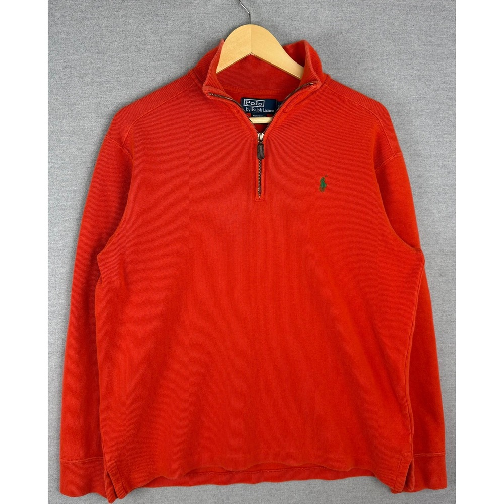 Polo Ralph Lauren Mens Orange Ribbed Cotton Quarter Zip Pullover Sweater - Picture 2 of 6
